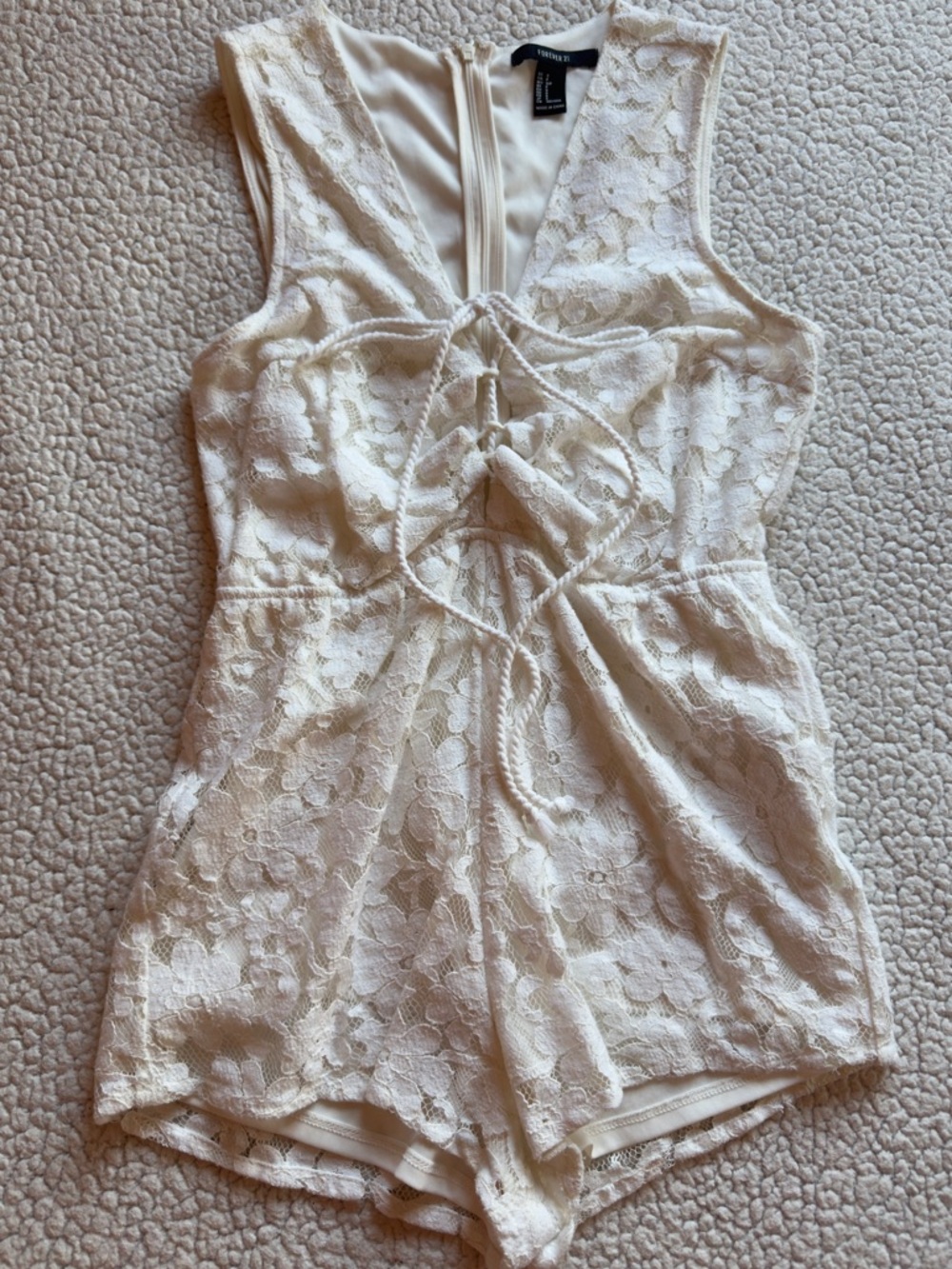 Forever 21 Ivory Floral Lace Romper S Lace Up Boho Bridal Festival